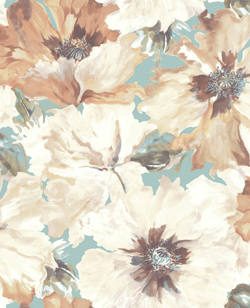 Malibu Cecita Wallpaper - Transitional Floral - Terra Cotta and Teal | Malibu Wallpaper