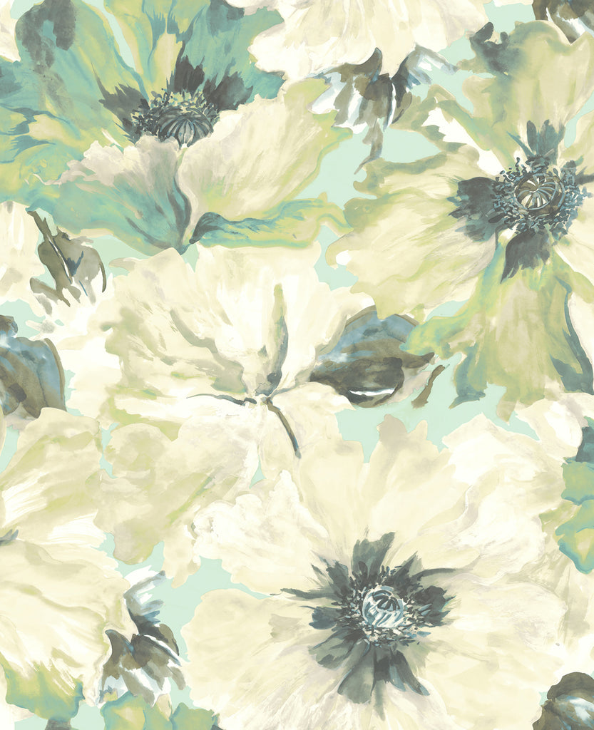 Malibu Cecita Wallpaper - Transitional Floral - Teal, Off-White, and Green | Malibu Wallpaper