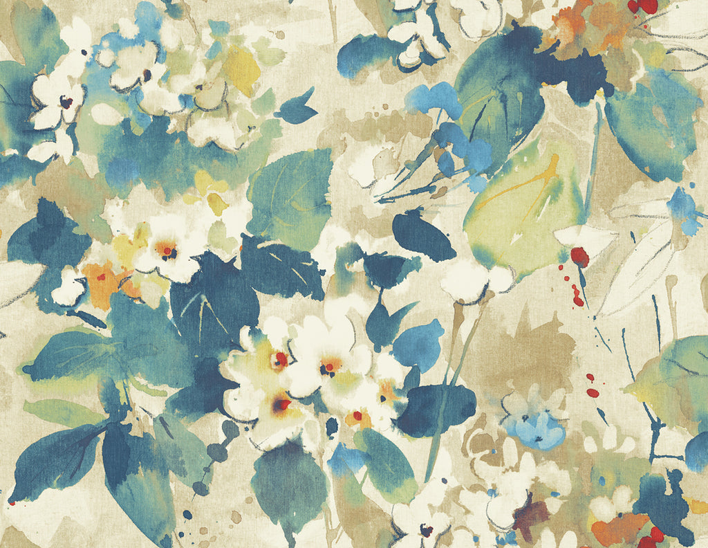 Malibu Chambon Wallpaper - Transitional Floral - Cerulean, Tan, and Orange | Malibu Wallpaper