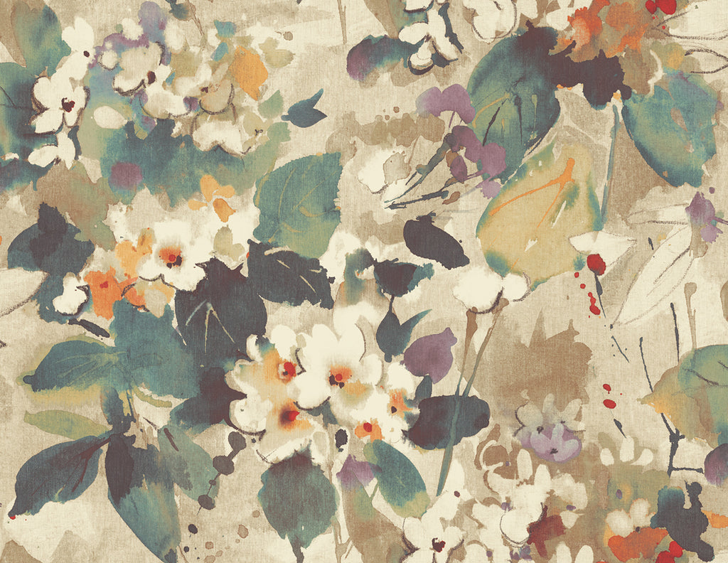 Malibu Chambon Wallpaper - Transitional Floral - Ocean Blue, Latte, and Orange | Malibu Wallpaper