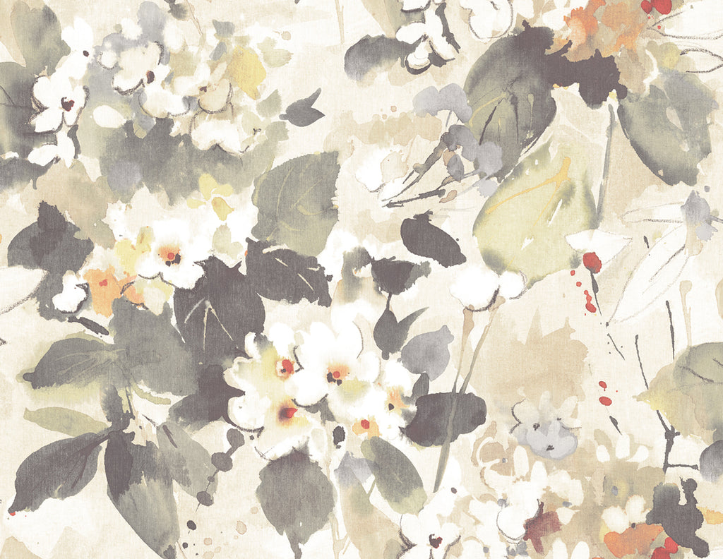 Malibu Chambon Wallpaper - Transitional Floral - Charcoal, Tan, and Orange | Malibu Wallpaper