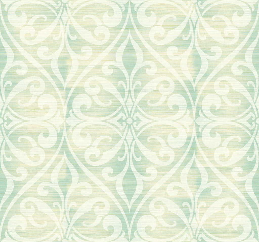 Malibu Chambon Ogee Wallpaper - Transitional Ogee - Seafoam and Linen | Malibu Wallpaper