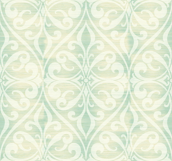 Malibu Chambon Ogee Wallpaper - Transitional Ogee - Seafoam and Linen | Malibu Wallpaper