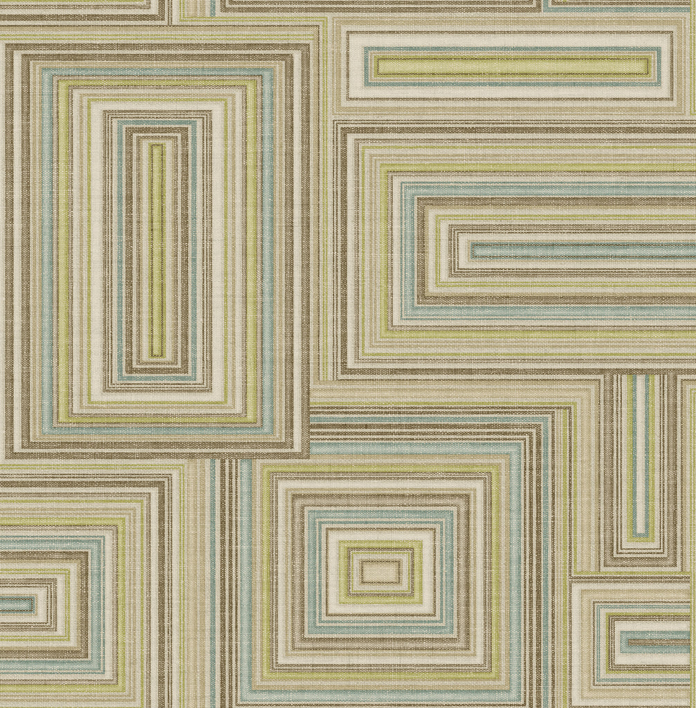 Malibu Attersee Squares Wallpaper - Transitional Geometric - Turquouse, Lime Green, and Oat | Malibu Wallpaper