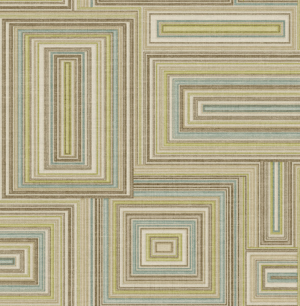 Malibu Attersee Squares Wallpaper - Transitional Geometric - Turquouse, Lime Green, and Oat | Malibu Wallpaper