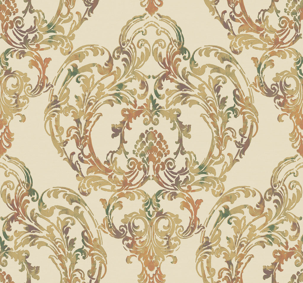 Malibu Roxen Damask Wallpaper - Traditional Damask - Amber, Gold, and Pine | Malibu Wallpaper