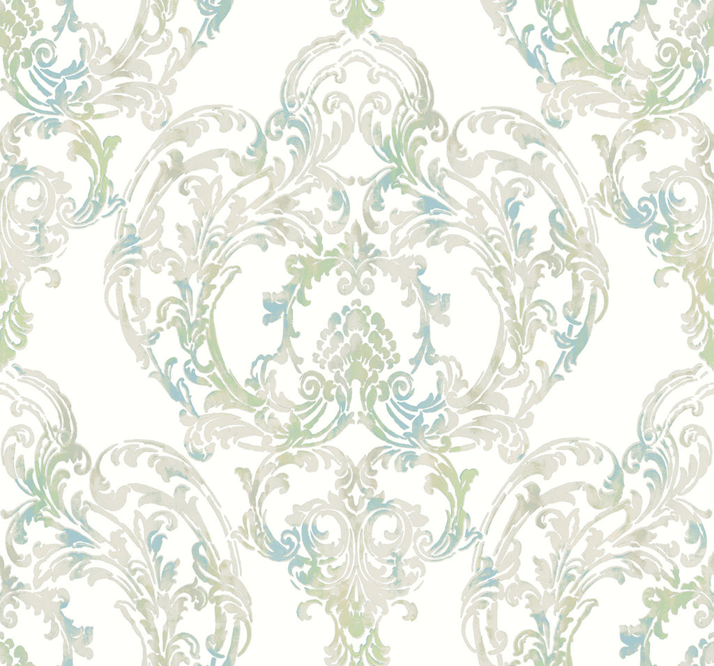 Malibu Roxen Damask Wallpaper - Traditional Damask - Turquoise, Off-White, and Mint | Malibu Wallpaper