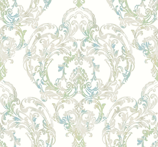 Malibu Roxen Damask Wallpaper - Traditional Damask - Turquoise, Off-White, and Mint | Malibu Wallpaper