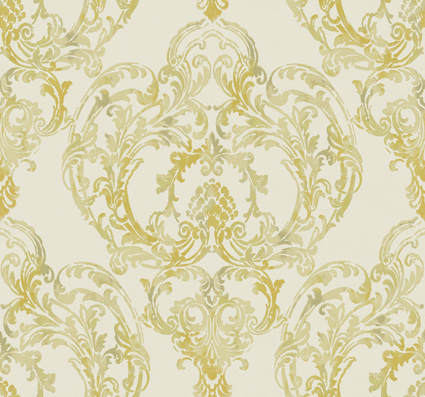 Malibu Roxen Damask Wallpaper - Traditional Damask - Off-White and Gold | Malibu Wallpaper