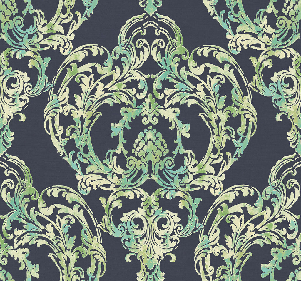 Malibu Roxen Damask Wallpaper - Traditional Damask - Navy, Off-White, and Mint | Malibu Wallpaper