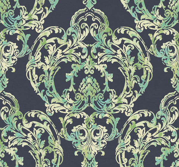 Malibu Roxen Damask Wallpaper - Traditional Damask - Navy, Off-White, and Mint | Malibu Wallpaper