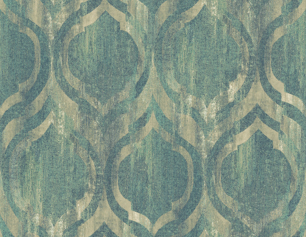 Malibu Old Danube Ogee Wallpaper - Rustic Ogee - Teal and Gold | Malibu Wallpaper