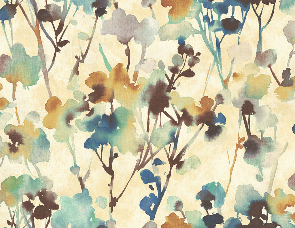 Malibu Faravel Wallpaper - Contemporary Floral - Cerulean, Brass, and Chocolate | Malibu Wallpaper