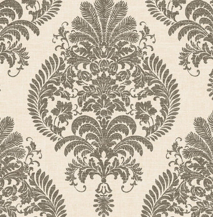 Antigua Damask Coastal Damask - Charcoal and Ivory | Architectural Wallcoverings