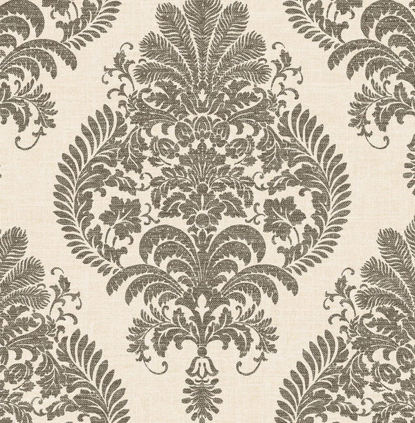 Antigua Damask Coastal Damask - Charcoal and Ivory | Architectural Wallcoverings