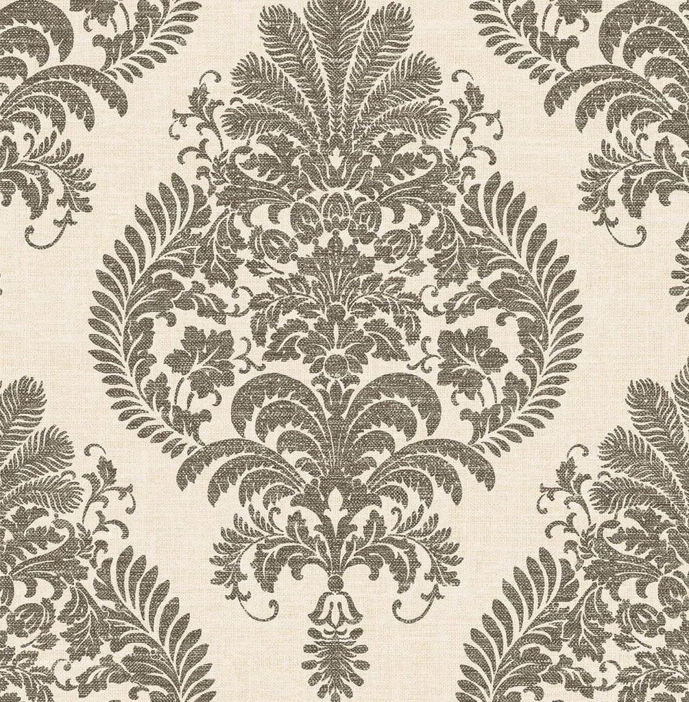 Malibu Antigua Damask Wallpaper - Coastal Damask - Charcoal and Ivory | Malibu Wallpaper
