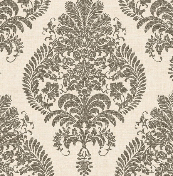 Malibu Antigua Damask Wallpaper - Coastal Damask - Charcoal and Ivory | Malibu Wallpaper