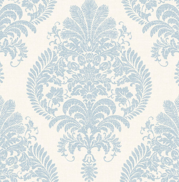 Malibu Antigua Damask Wallpaper - Coastal Damask - Blue Frost and Bone White | Malibu Wallpaper