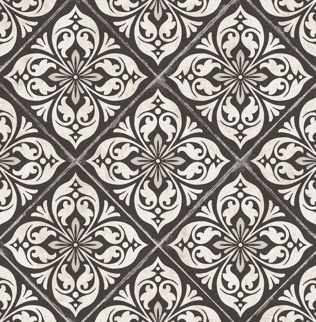 Malibu Plumosa Tile Wallpaper - Coastal Tile - Ebony and Silver | Malibu Wallpaper