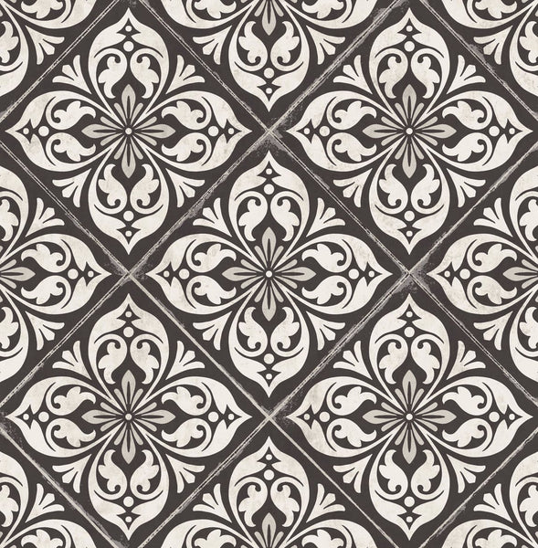Malibu Plumosa Tile Wallpaper - Coastal Tile - Ebony and Silver | Malibu Wallpaper