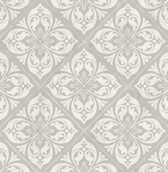 Malibu Plumosa Tile Wallpaper - Coastal Tile - Cove Gray and Silver | Malibu Wallpaper