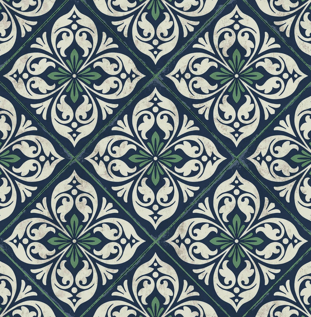 Malibu Plumosa Tile Wallpaper - Coastal Tile - Midnight Blue and Spearmint | Malibu Wallpaper