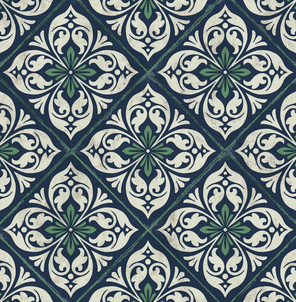 Malibu Plumosa Tile Wallpaper - Coastal Tile - Midnight Blue and Spearmint | Malibu Wallpaper