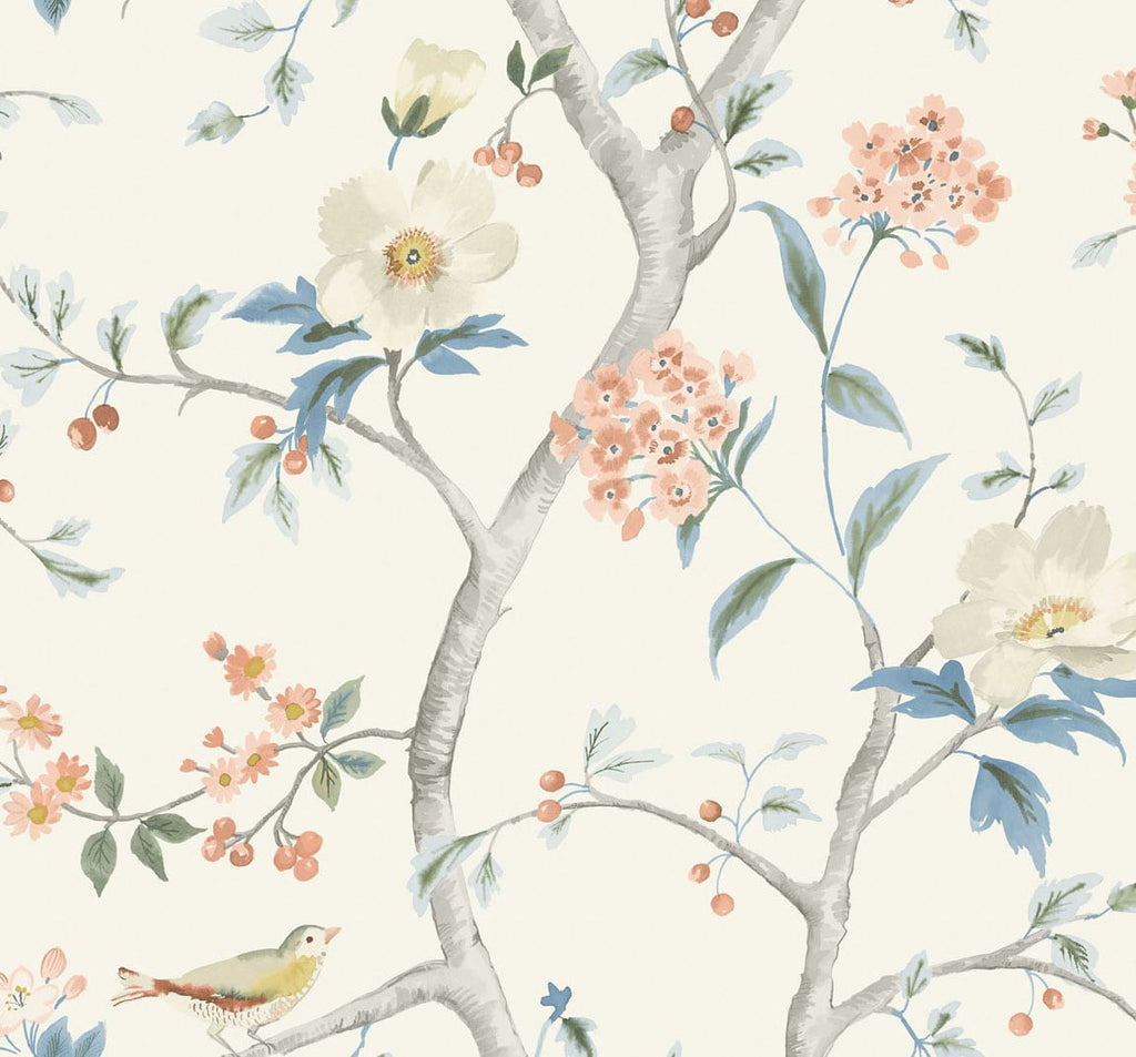 Malibu Southport Floral Trail Wallpaper - Coastal Chinoiserie - Eggshell, Melon, and Carolina Blue | Malibu Wallpaper