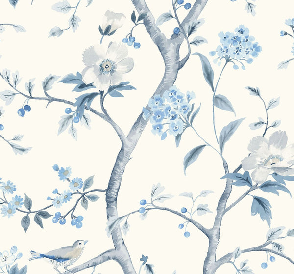 Malibu Southport Floral Trail Wallpaper - Coastal Chinoiserie - Eggshell and Blue Shale | Malibu Wallpaper