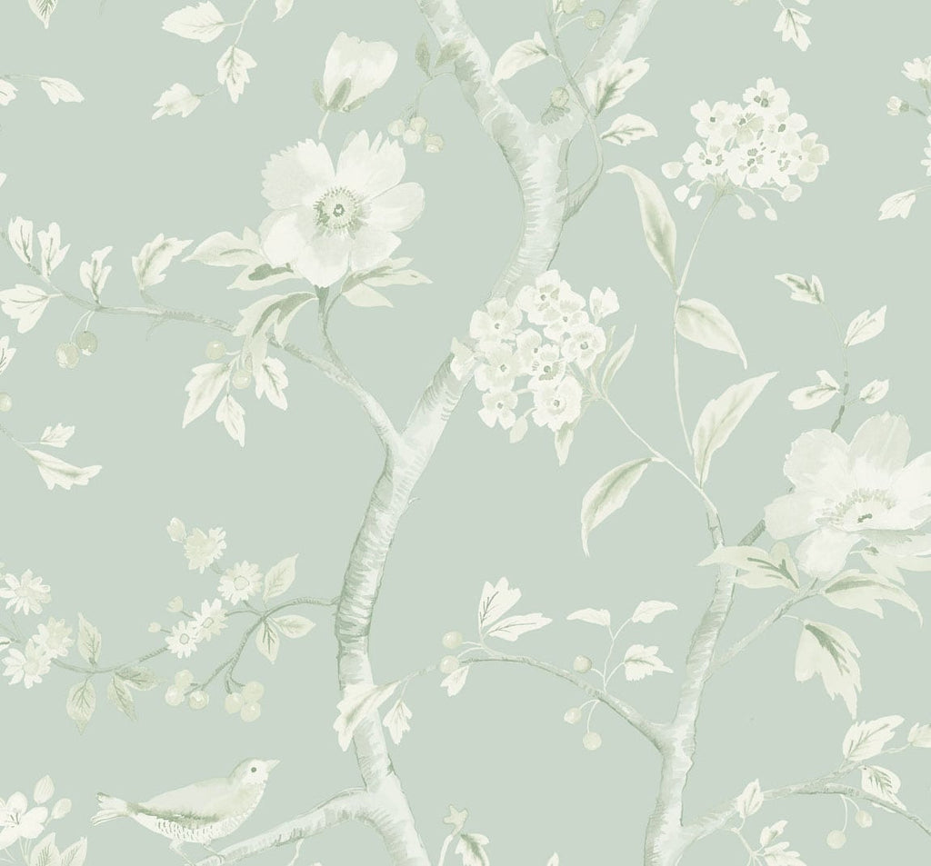 Malibu Southport Floral Trail Wallpaper - Coastal Chinoiserie - Sea Glass and Ivory | Malibu Wallpaper