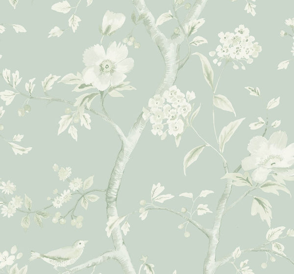 Malibu Southport Floral Trail Wallpaper - Coastal Chinoiserie - Sea Glass and Ivory | Malibu Wallpaper