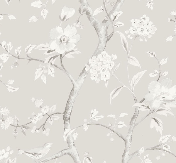 Southport Floral Trail Coastal Chinoiserie - Metallic Silver and Fog | Architectural Wallcoverings