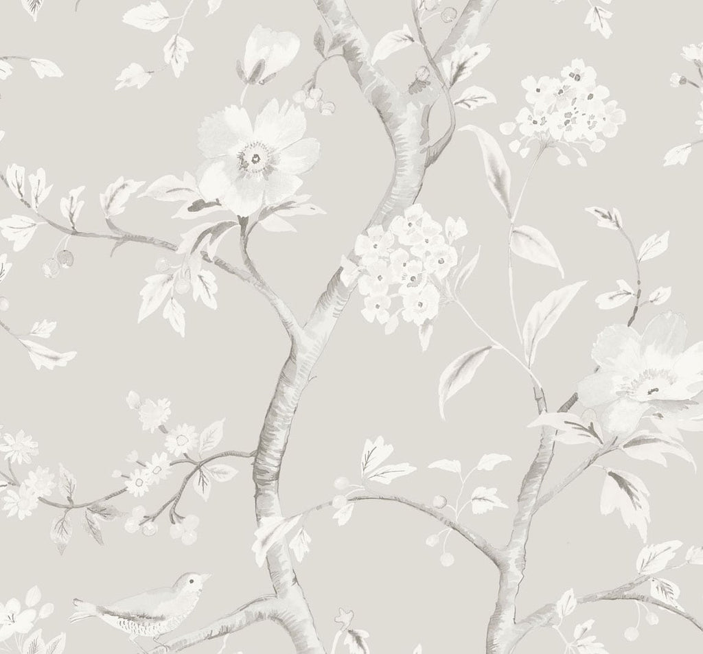 Malibu Southport Floral Trail Wallpaper - Coastal Chinoiserie - Metallic Silver and Fog | Malibu Wallpaper