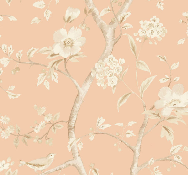 Malibu Southport Floral Trail Wallpaper - Coastal Chinoiserie - Soft Melon and Arrowroot | Malibu Wallpaper