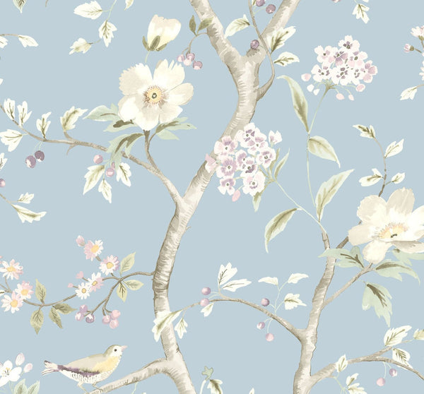 Malibu Southport Floral Trail Wallpaper - Coastal Chinoiserie - Sky Blue and Arrowroot | Malibu Wallpaper