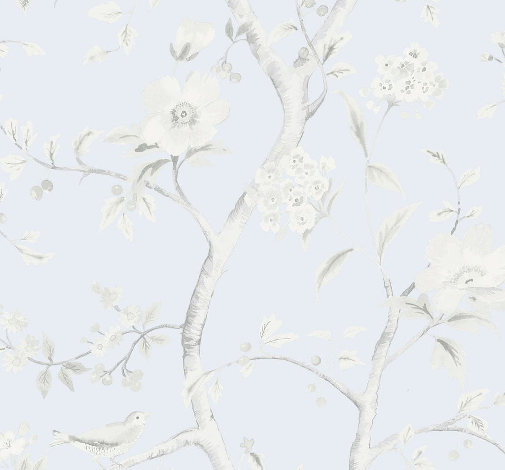 Malibu Southport Floral Trail Wallpaper - Coastal Chinoiserie - Blue Frost and Cove Gray | Malibu Wallpaper