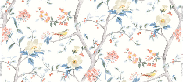 Fentucci Southport Floral Trail Fabric Wallpaper - Coastal Chinoiserie - Eggshell, Melon, and Carolina Blue | Fentucci