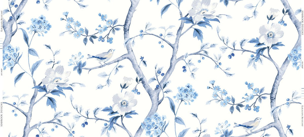 Fentucci Southport Floral Trail Fabric Wallpaper - Coastal Chinoiserie - Eggshell and Blue Shale | Fentucci