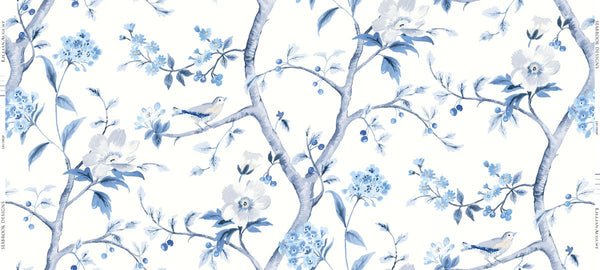 Fentucci Southport Floral Trail Fabric Wallpaper - Coastal Chinoiserie - Eggshell and Blue Shale | Fentucci