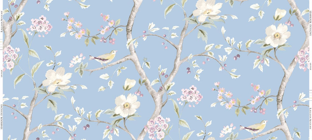 Fentucci Southport Floral Trail Fabric Wallpaper - Coastal Chinoiserie - Sky Blue and Arrowroot | Fentucci