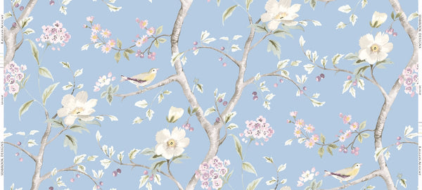 Fentucci Southport Floral Trail Fabric Wallpaper - Coastal Chinoiserie - Sky Blue and Arrowroot | Fentucci