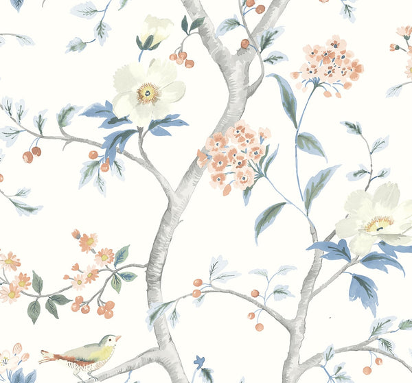 Malibu Ps Floral Trail Traditional Chinoiserie - Melon & Carolina Blue | Peel and Stick Removable Wallcovering