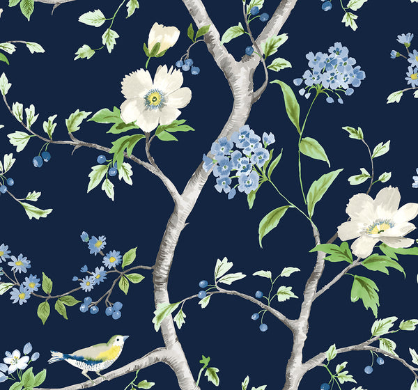 Malibu Ps Floral Trail Traditional Chinoiserie - Navy Blue & Spring Green | Peel and Stick Removable Wallcovering