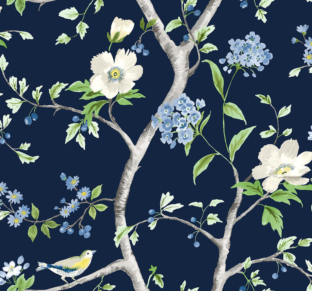 Malibu PS Floral Trail Traditional Chinoiserie - Navy Blue & Spring Green | Peel and Stick Removable Wallpaper