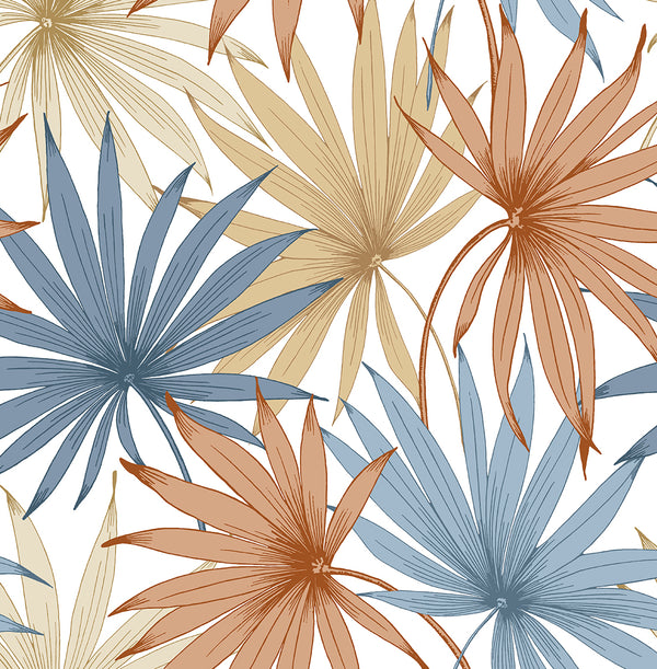 Malibu Ps Tropic Palm Toss Tropical Botanical - Charlotte Blue & Soft Melon | Peel and Stick Removable Wallcovering