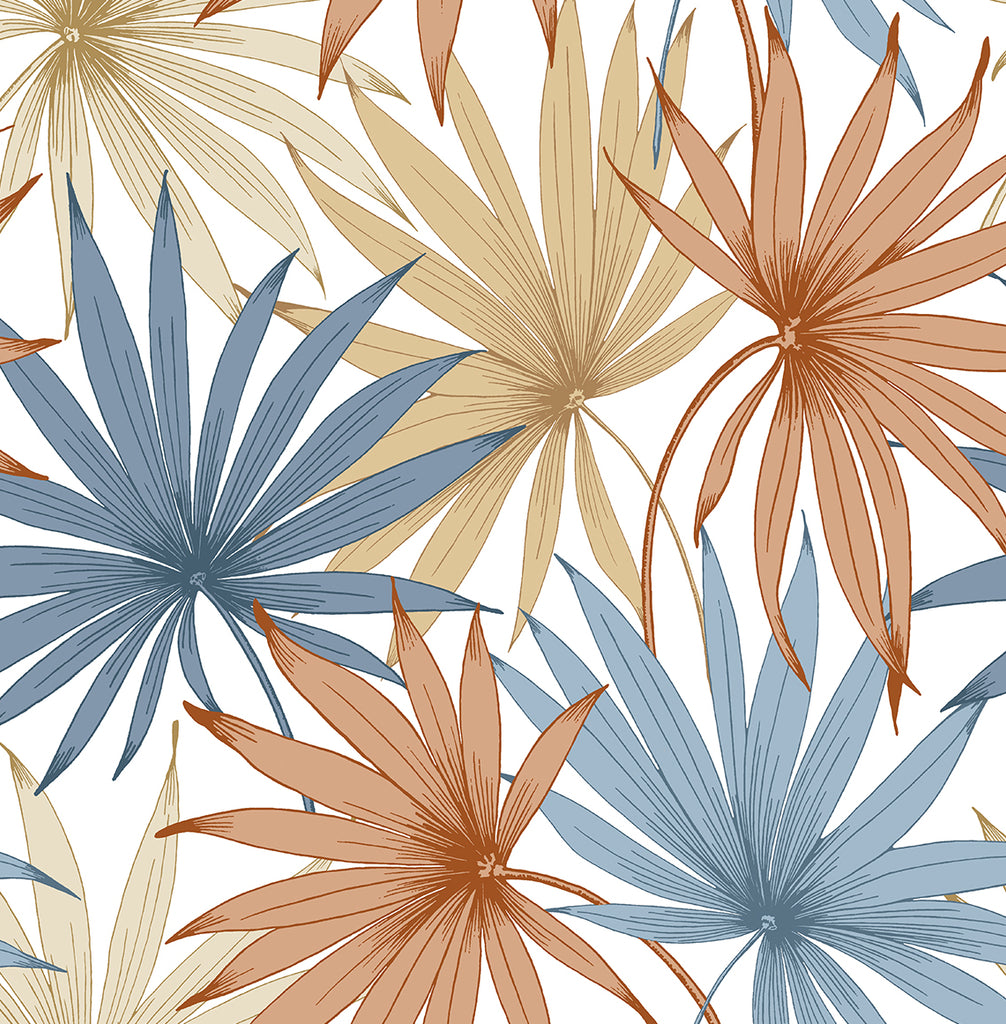 Malibu PS Tropic Palm Toss Tropical Botanical - Charlotte Blue & Soft Melon | Peel and Stick Removable Wallpaper