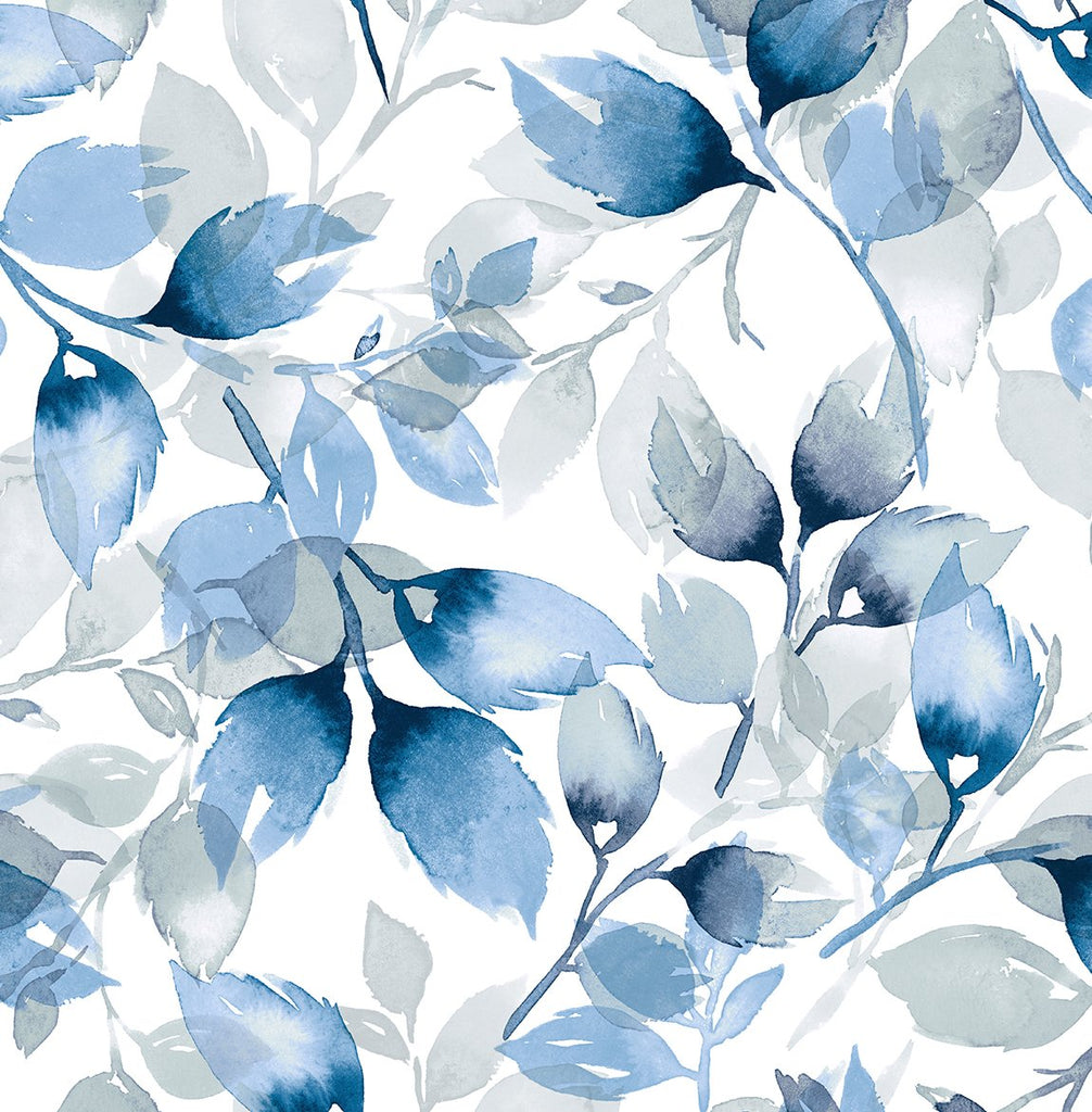 Malibu PS Watercolor Tossed Leaves Contemporary Botanical - Blue Lagoon | Peel and Stick Removable Wallpaper