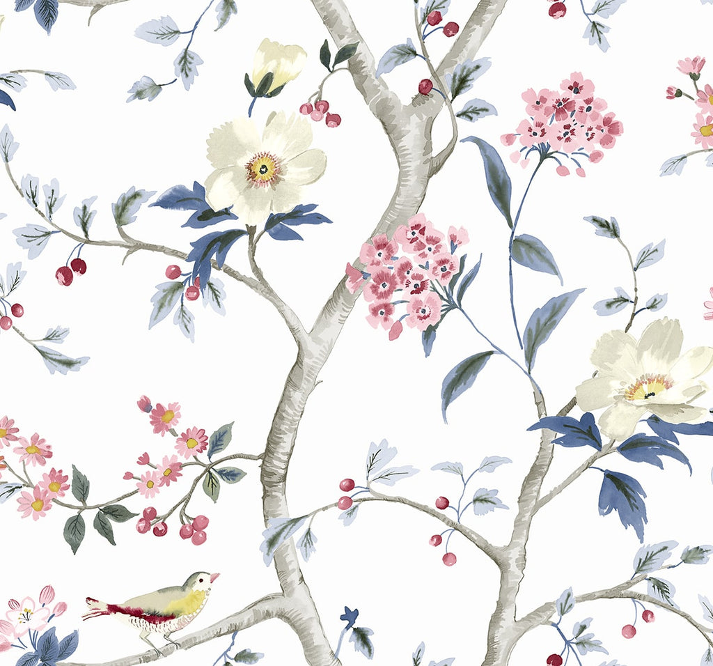 Malibu Sparrow Haven  Wallpaper - Traditional Chinoiserie - Riviera Blue & Berry | Malibu Wallpaper