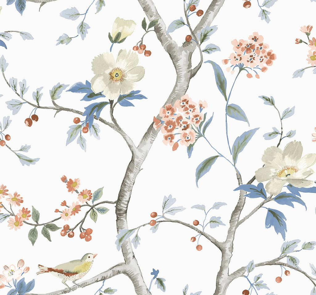 Malibu Sparrow Haven  Wallpaper - Traditional Chinoiserie - Melon & Carolina Blue | Malibu Wallpaper