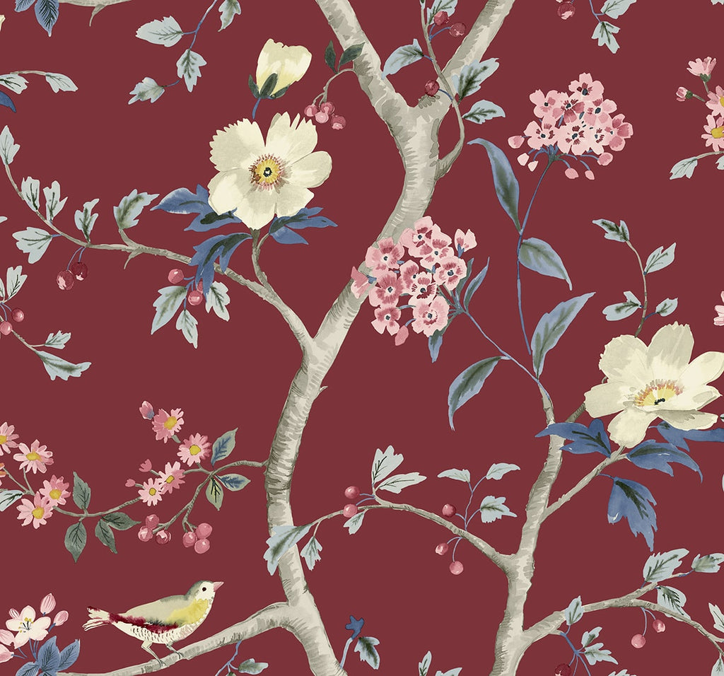 Malibu Sparrow Haven  Wallpaper - Traditional Chinoiserie - Crimson | Malibu Wallpaper